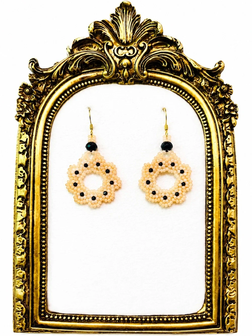Handmade Peach Beaded Hoop Earrings with Black Accents